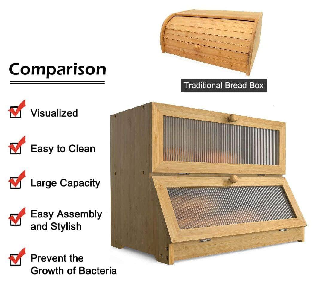 Stylish Double-Layer Bamboo Bread Box - Clear Window