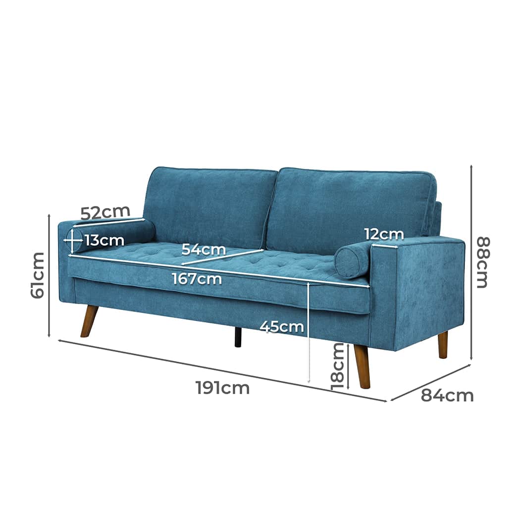 Stylish Fabric Sofa Armchair 3 Seater Couch Blue 191cm Wide