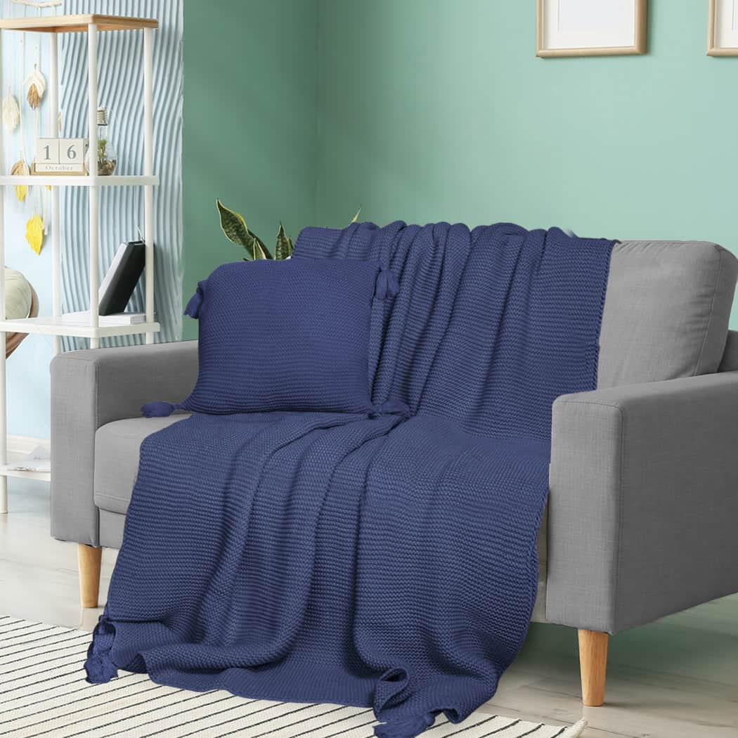 Stylish Knitting Throw Blanket Cushion Navy  Foldable Function