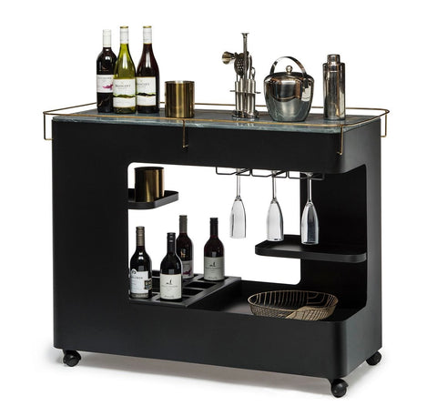 Stylish Large Drinks Trolley with Black and Gold Design, Marble Top, and Stemware Rack