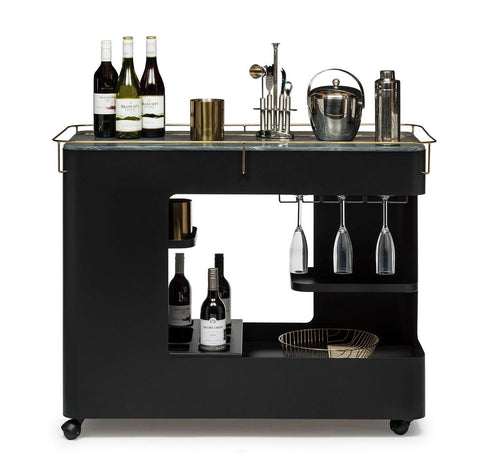 Stylish Large Drinks Trolley with Black and Gold Design, Marble Top, and Stemware Rack