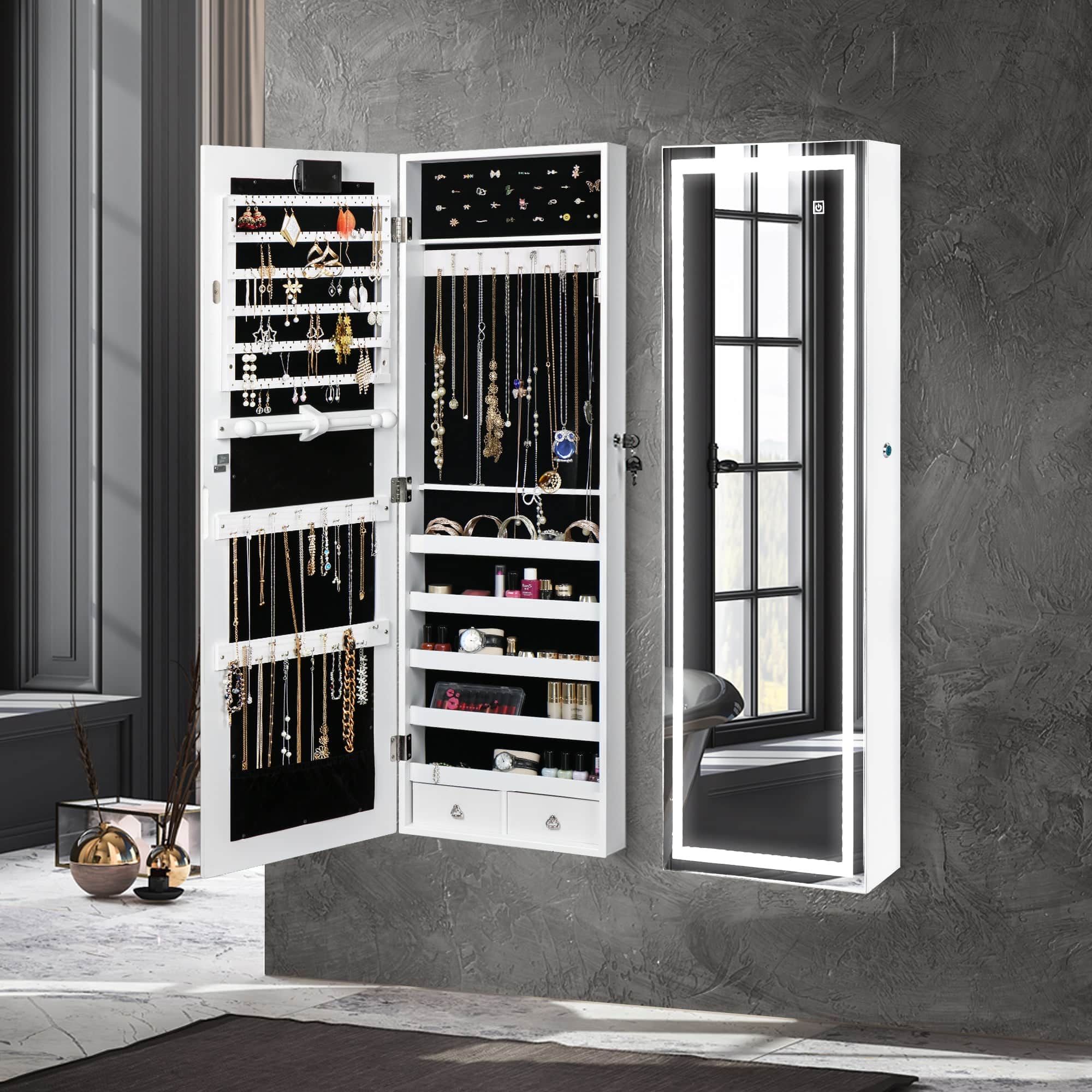 Stylish Mirror Jewellery Cabinet Touch  Foldable Function Classic