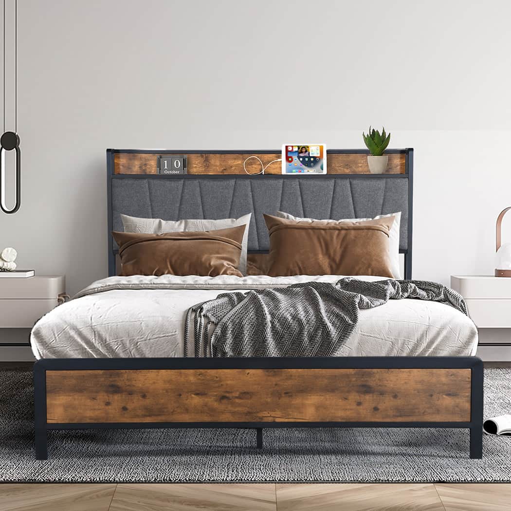 Stylish Queen Bed Frame Tufted Headboard USB Charge  Sleek Modern