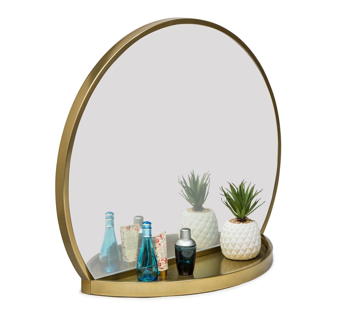 Stylish Round Table Wall Mirror with Shelf Storage in Antique Brass