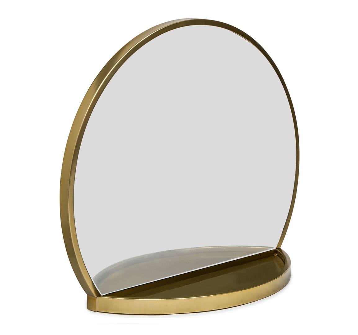 Stylish Round Table Wall Mirror with Shelf Storage in Antique Brass