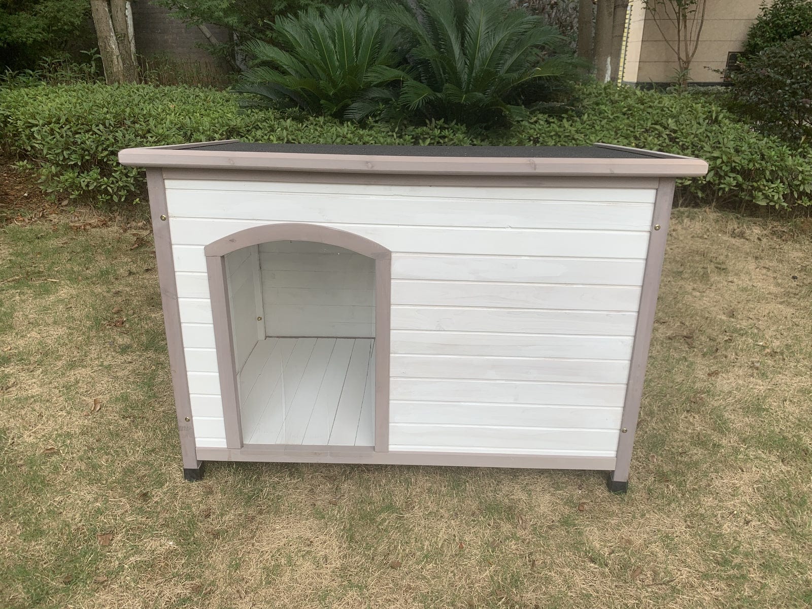 L Timber Pet Dog Kennel House Puppy Wooden Timber Cabin With Stripe White | Dog Kennels
