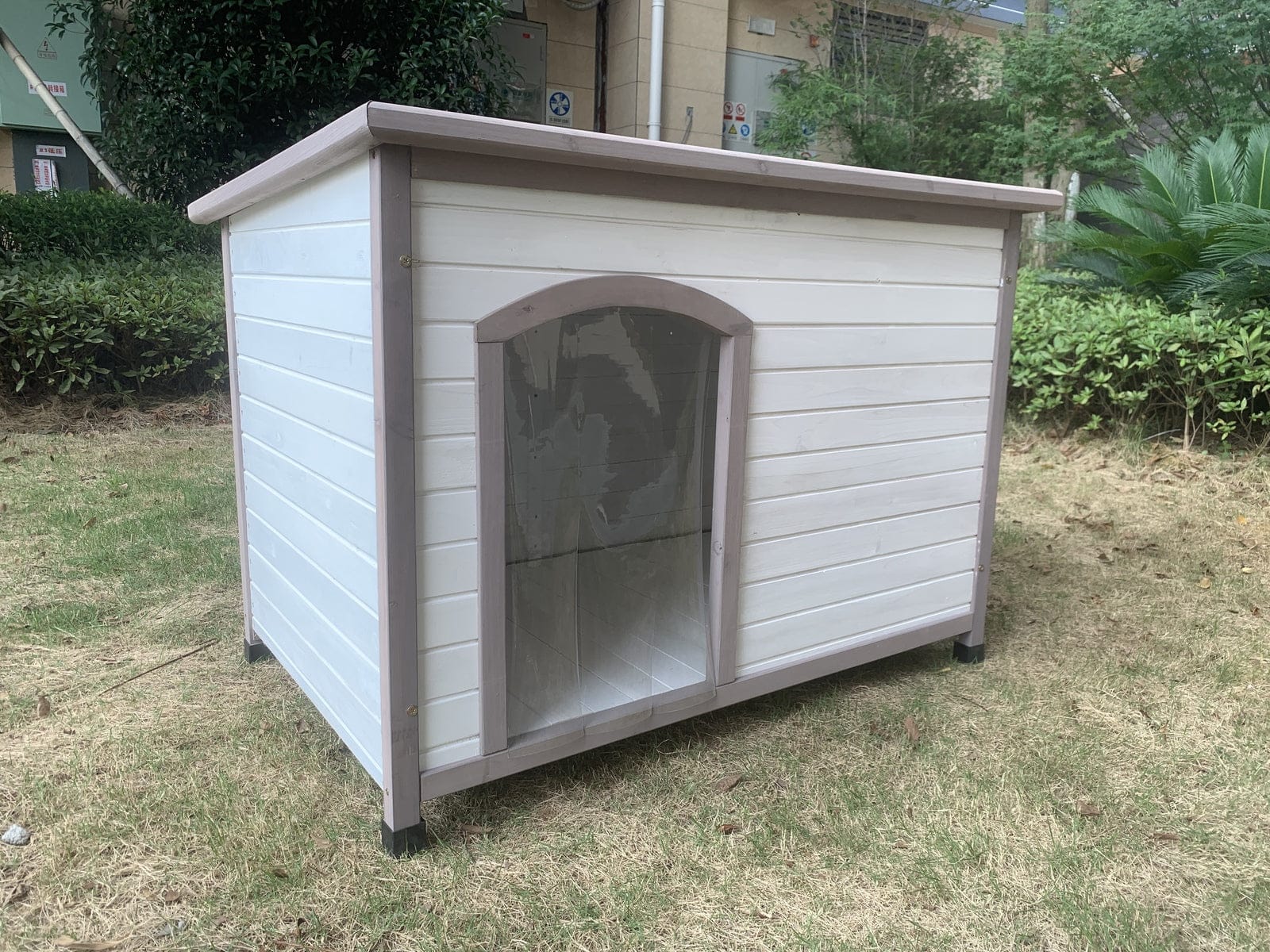 L Timber Pet Dog Kennel House Puppy Wooden Timber Cabin With Stripe White | Wooden finish
