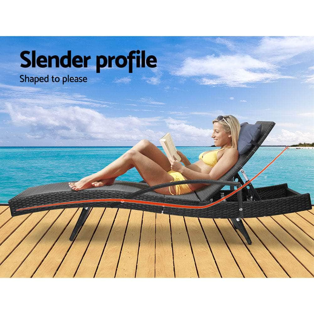 Sun Lounge Outdoor Furniture Wicker Lounger Rattan Day Bed Garden Patio Black