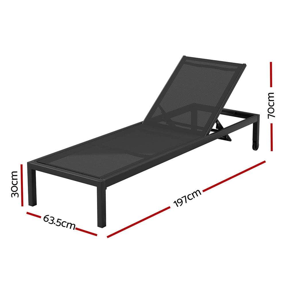 Sun Lounge Outdoor Lounger Aluminium Folding Beach Chair Wheels Black with Black colour