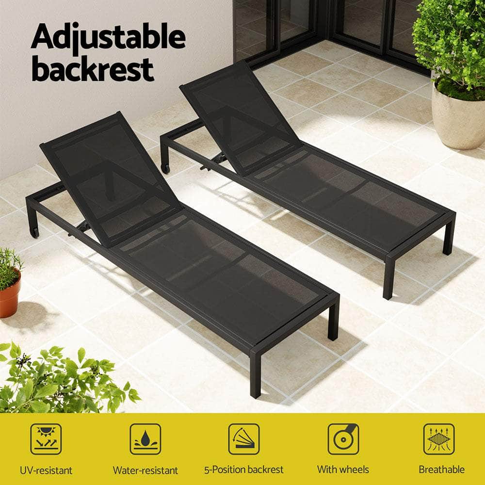 Outdoor Sofas & Lounge Sets - Sun Lounge Outdoor Lounger Aluminium Folding Beach Chair Wheels Black - photo 11