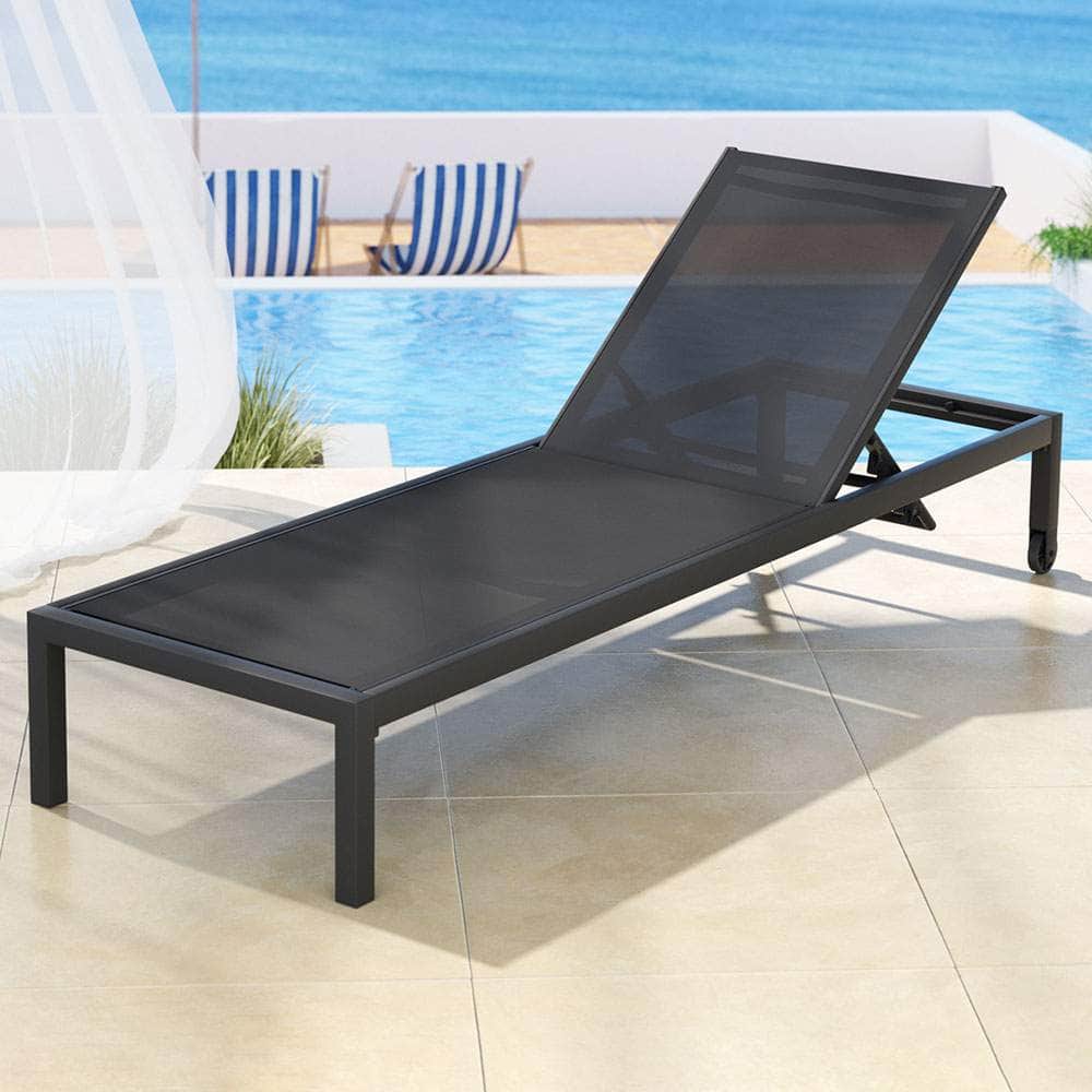 Sun Lounge Outdoor Lounger Aluminium Folding Beach Chair Wheels Black | Black colour - photo 14