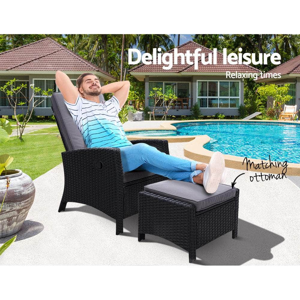 Sun lounge Recliner Chair Wicker Lounger Sofa Day Bed Outdoor Furniture Patio Garden Cushion Ottoman Black