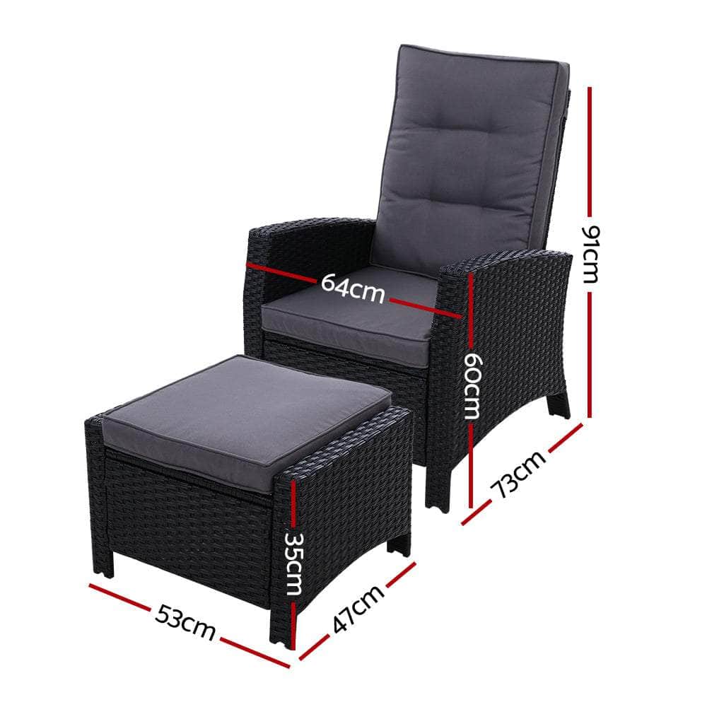 Sun lounge Recliner Chair Wicker Lounger Sofa Day Bed Outdoor Furniture Patio Garden Cushion Ottoman Black