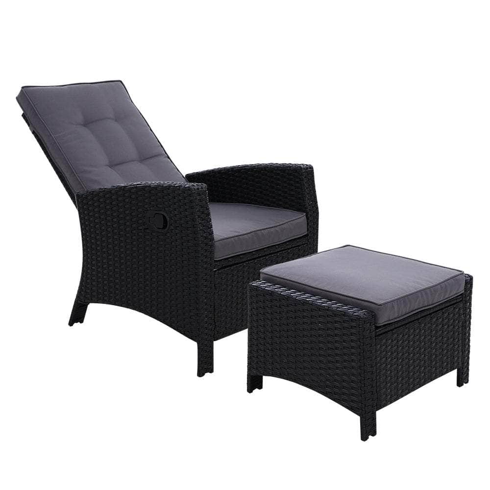 Sun lounge Recliner Chair Wicker Lounger Sofa Day Bed Outdoor Furniture Patio Garden Cushion Ottoman Black