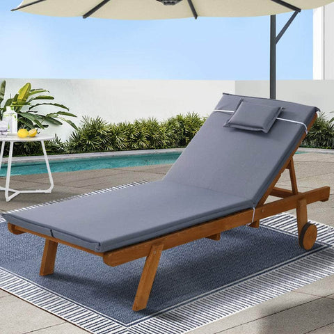 Sun Lounge Wooden Lounger Outdoor Furniture Day Bed Wheel Patio Grey