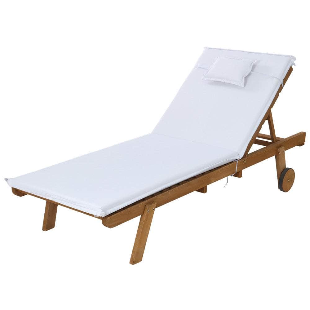 Sun Lounge Wooden Lounger Outdoor Furniture Day Bed Wheel Patio White