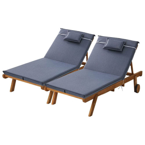 2X Sun Lounge Wooden Lounger Outdoor Furniture Day Bed Wheel Patio Grey
