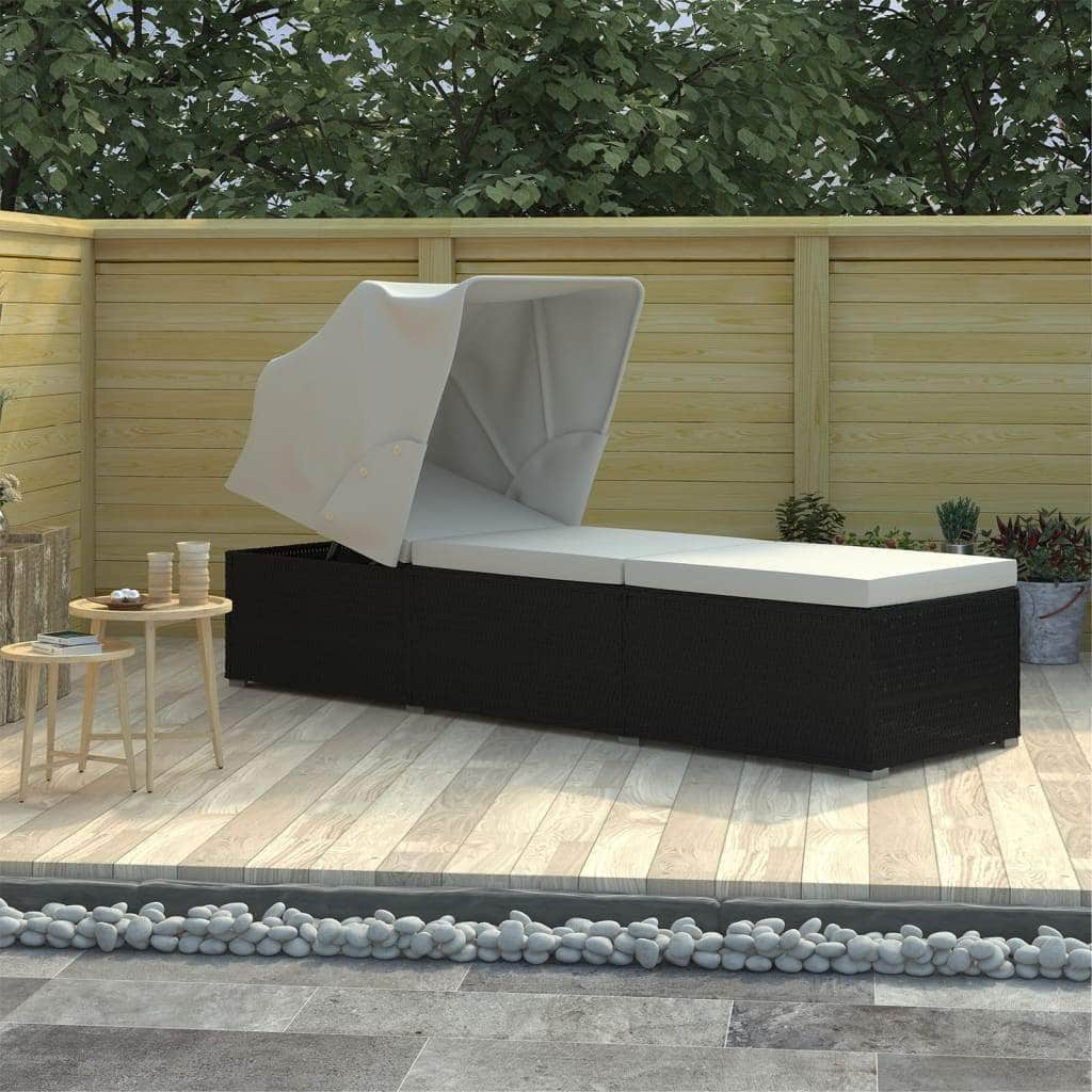 Sun Lounger with Canopy and Cushion Poly Rattan Cream White