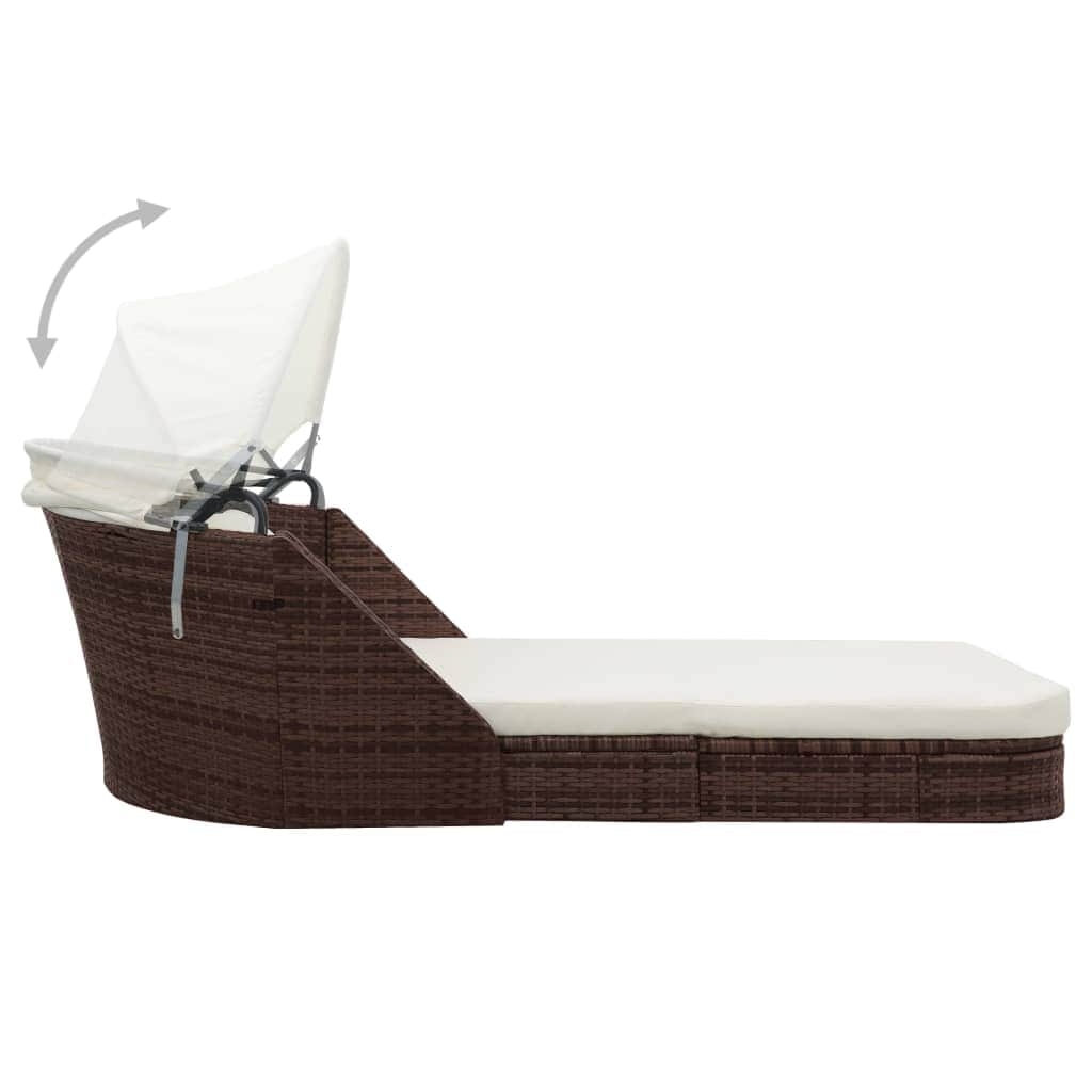 Sun Lounger with Canopy Poly Rattan Brown