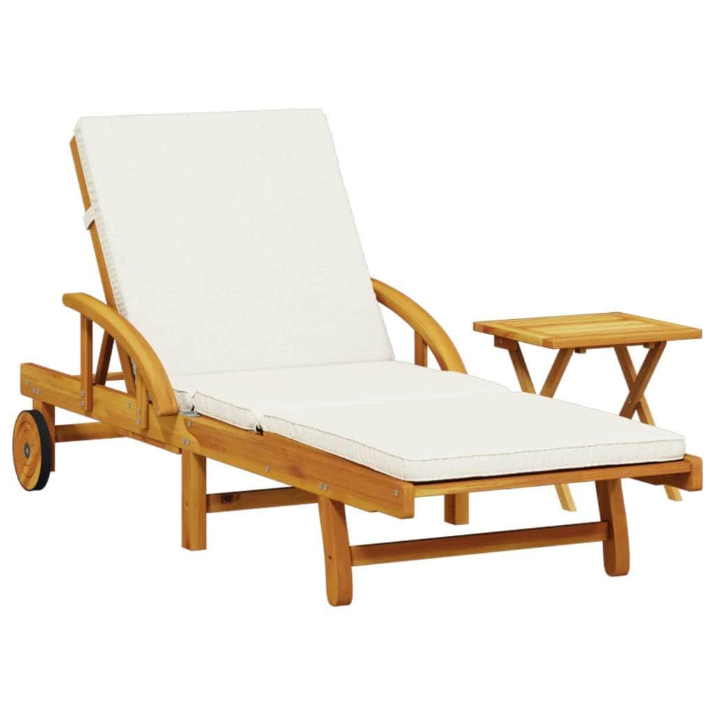 Sun Lounger with Cushion and Table-Solid Wood Acacia
