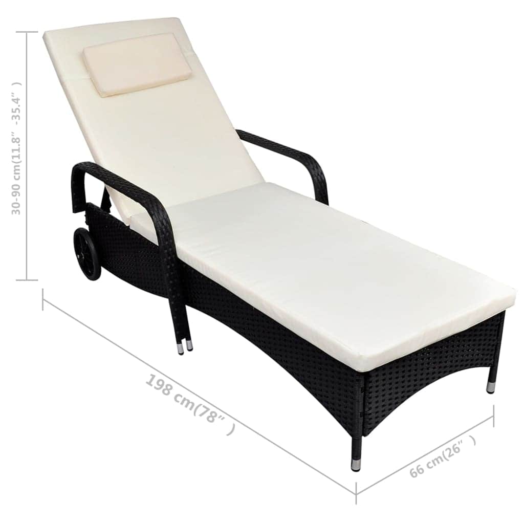 Sun Loungers - Sun Lounger with Cushion & Wheels Poly Rattan Black