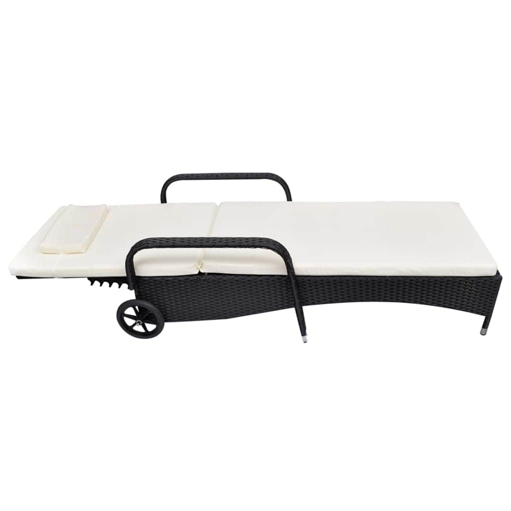 Sun Lounger with Cushion & Wheels Poly Rattan Black | Rattan finish