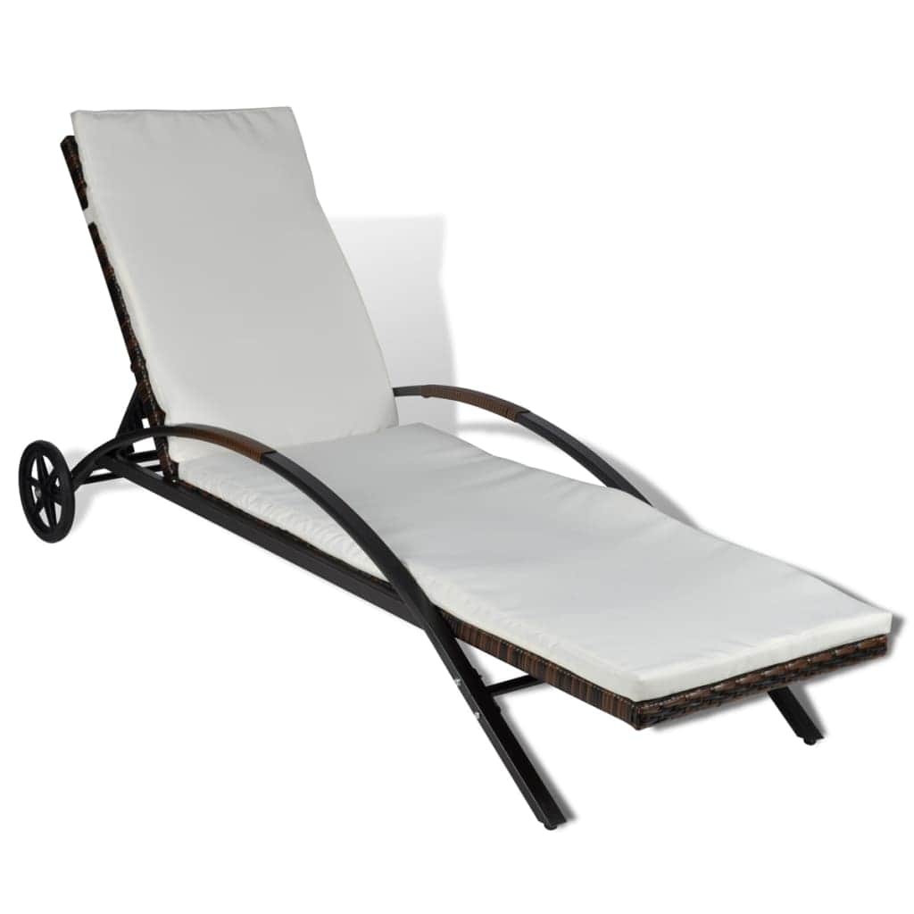 Sun Lounger with Cushion & Wheels Poly Rattan Brown - Simple deals