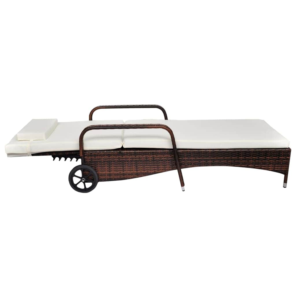 Sun Lounger with Cushion & Wheels Poly Rattan Brown - Simple deals
