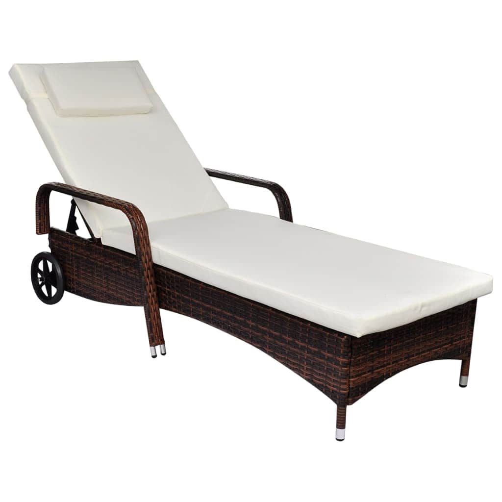 Sun Lounger with Cushion & Wheels Poly Rattan Brown - Simple deals