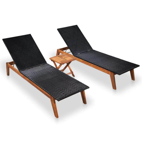 Sun Loungers 2 pcs with Table Poly Rattan and Solid Acacia Wood