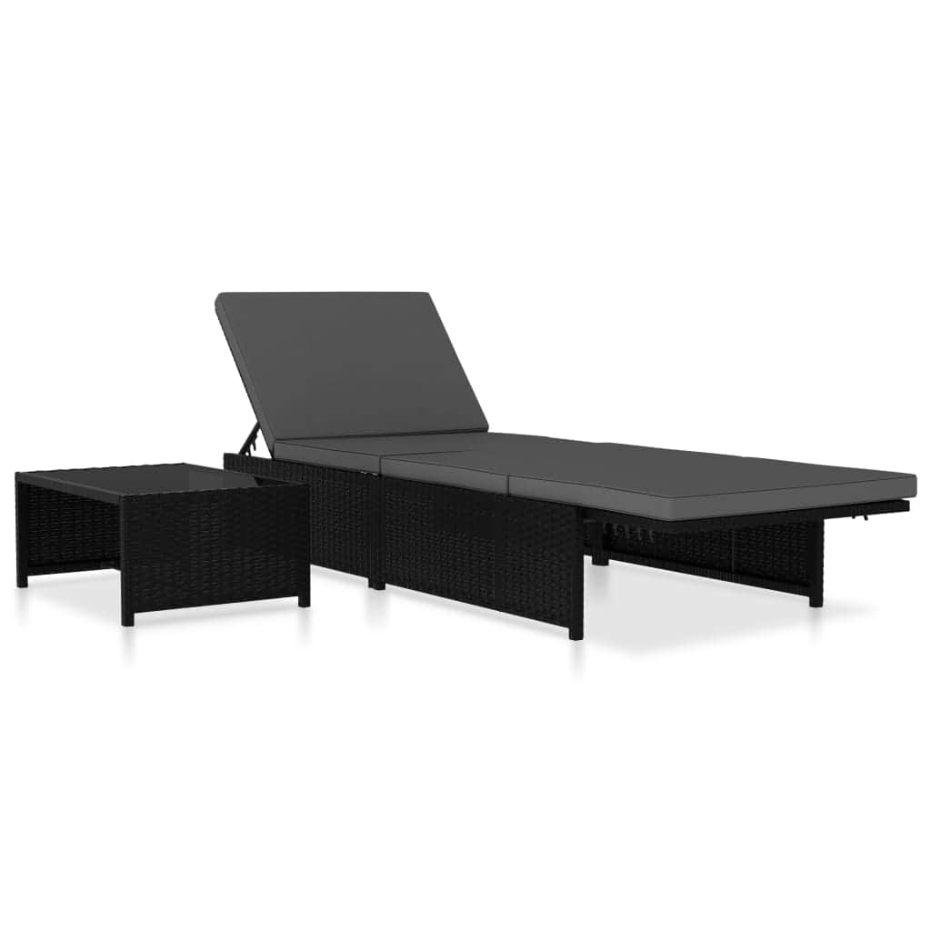 Sun Loungers 2 pcs with Table Poly Rattan Black
