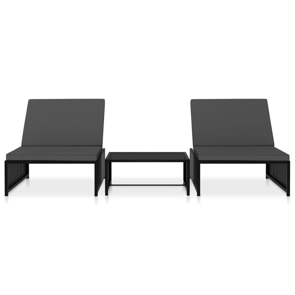 Sun Loungers 2 pcs with Table Poly Rattan Black