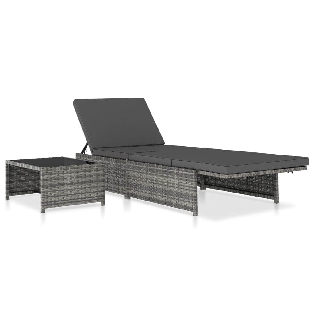 Sun Loungers 2 pcs with Table Poly Rattan Grey, Rattan finish