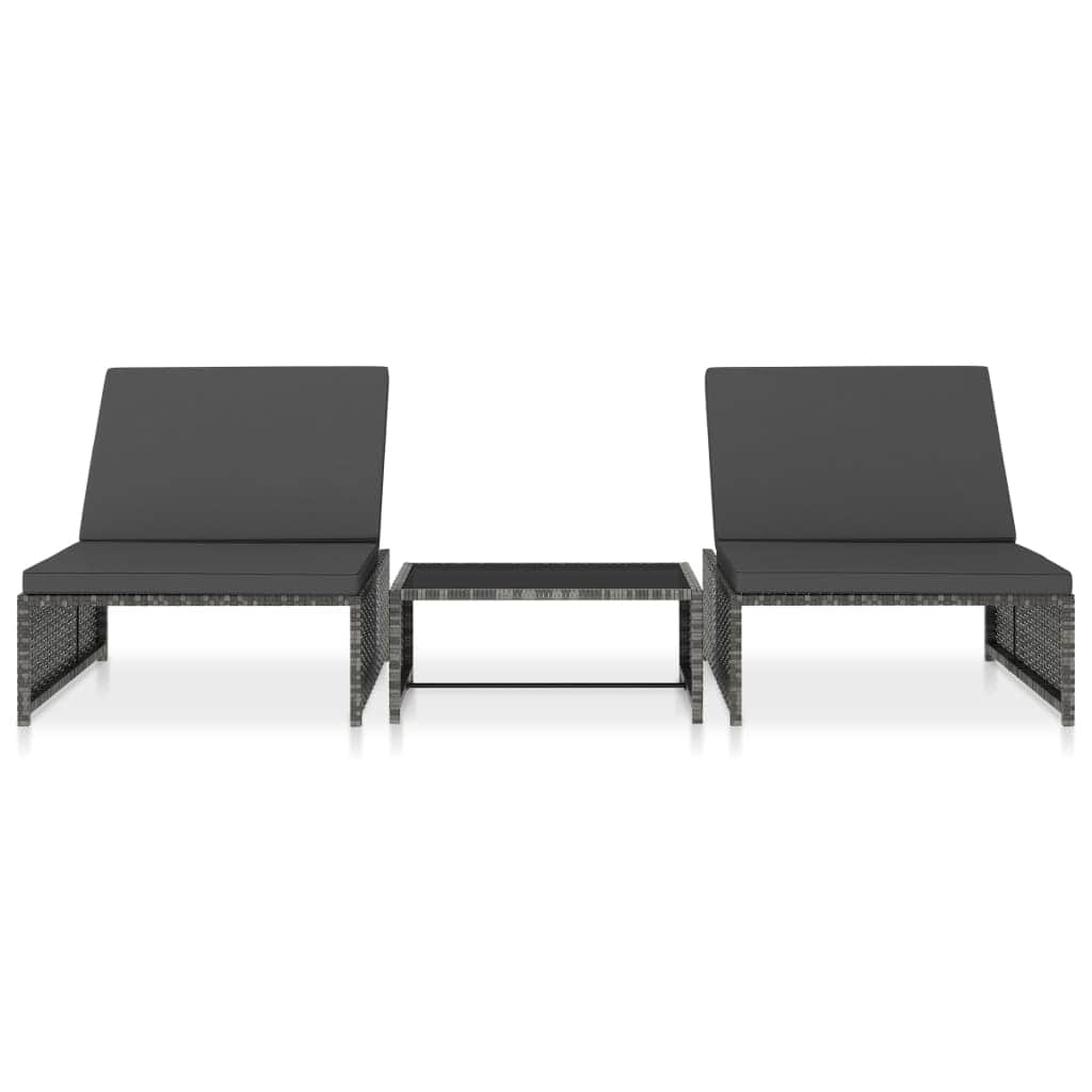 2 Pcs - Sun Loungers 2 pcs with Table Poly Rattan Grey