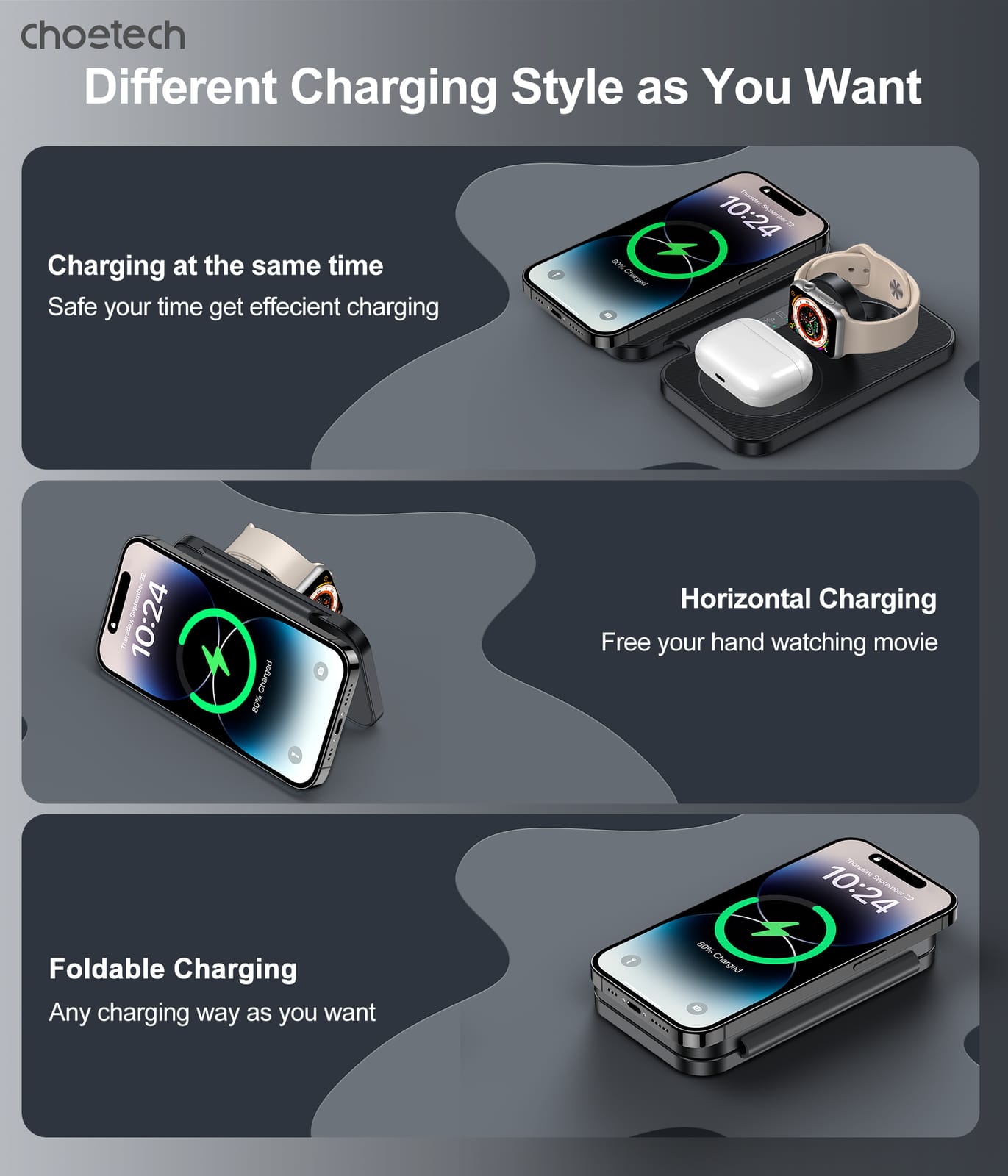 3in1 Magnetic Foldable Wireless Charger Black with Phone Chargers