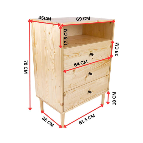 Tallboy 3 Chest Of Drawers Solid Pine Wood Bed Storage Cabinet