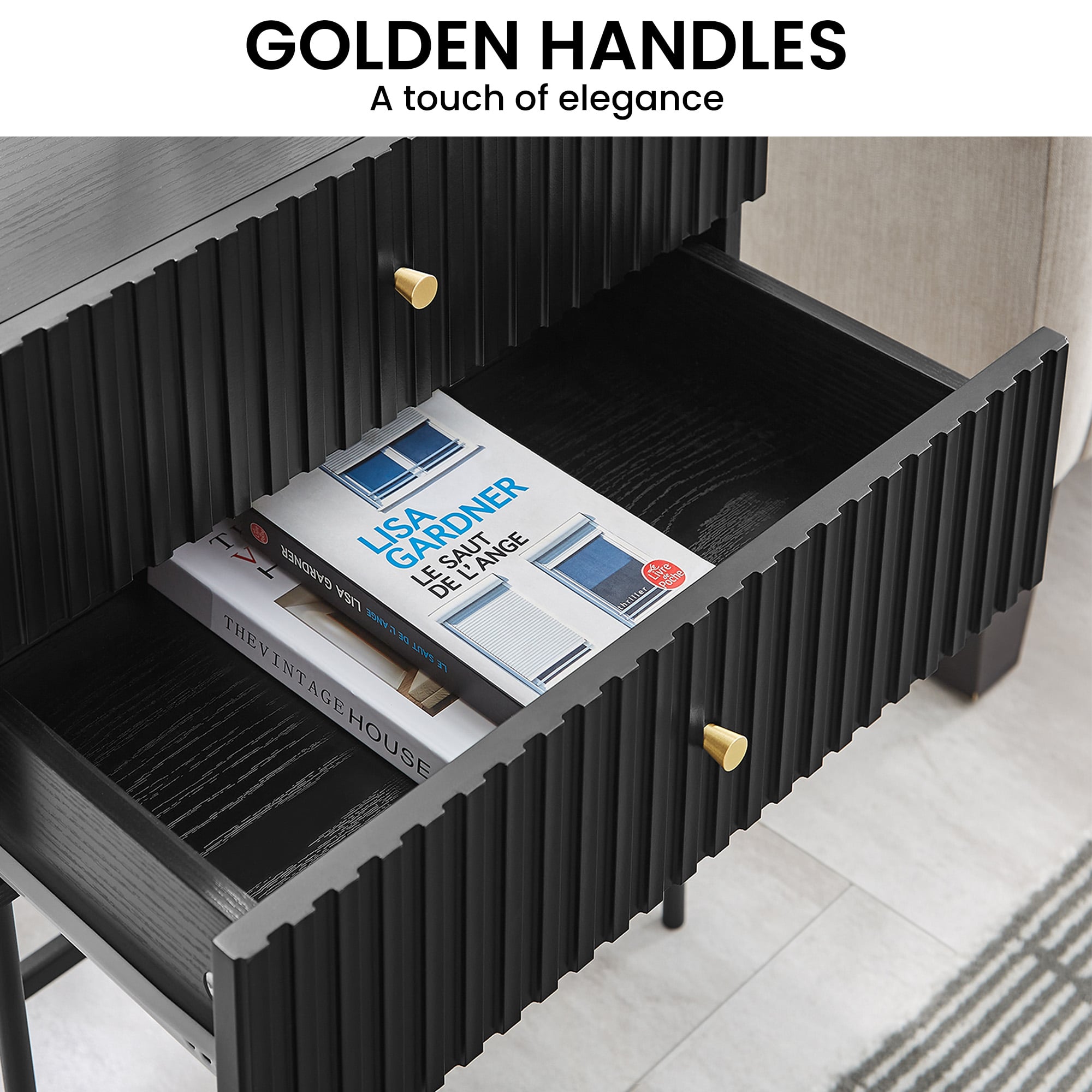 Black 2-Drawer Bedside Table 48x30x60cm