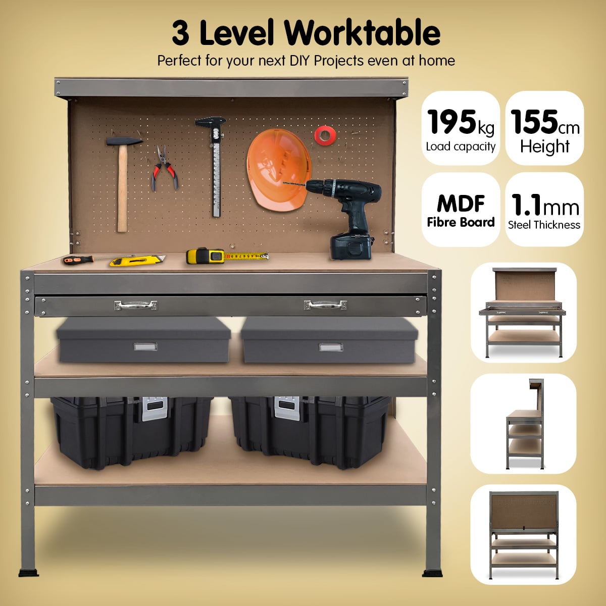Work Bench Silver Tool Storage 120x60x155cm