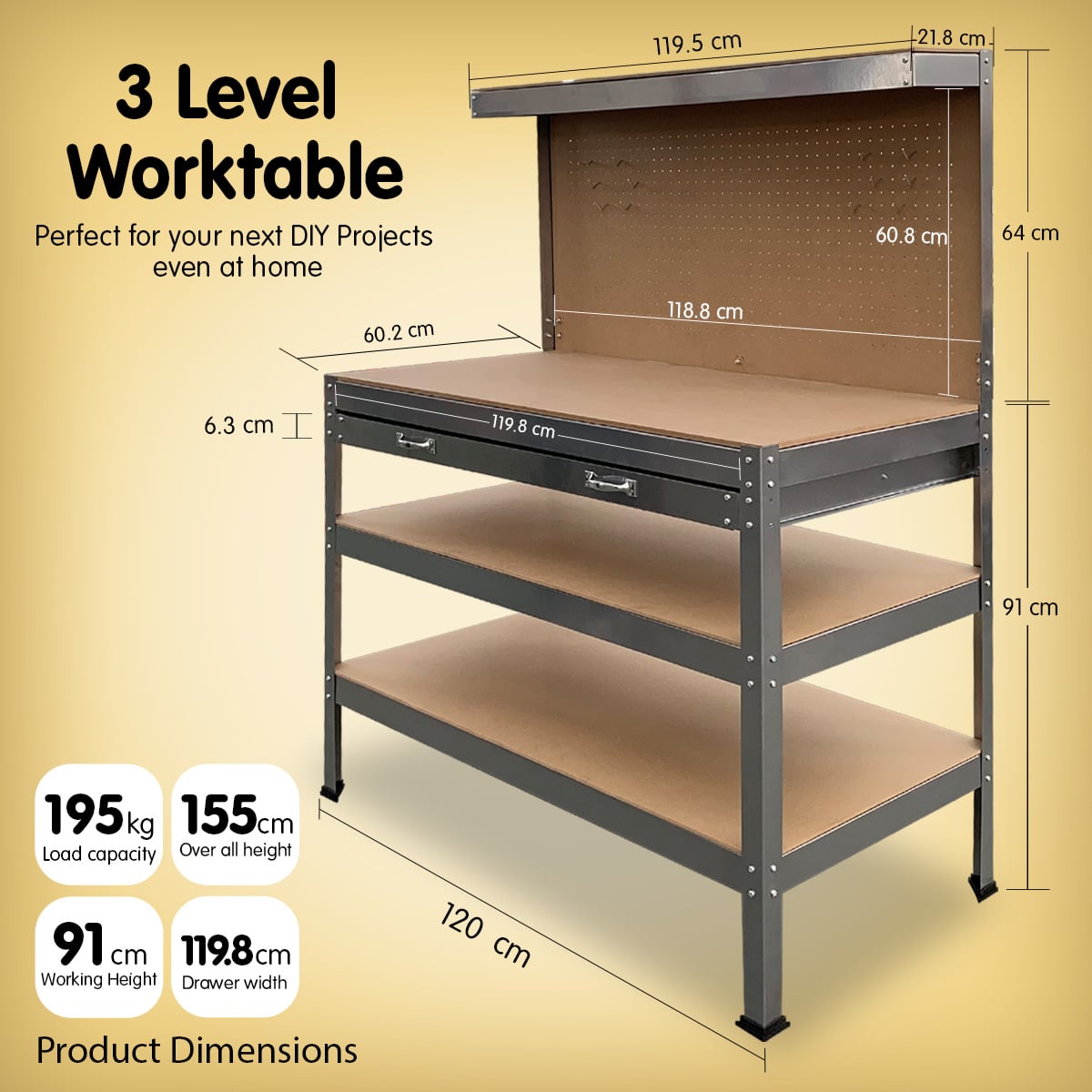 Work Bench Silver Tool Storage 120x60x155cm
