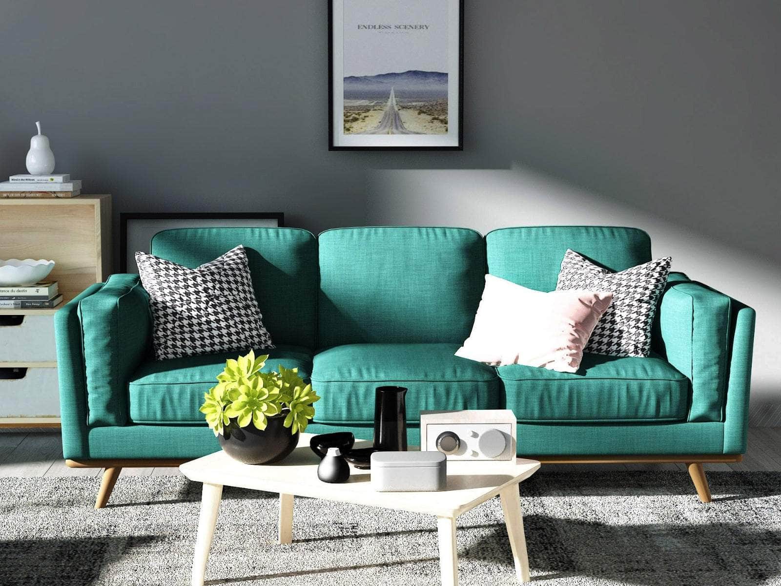 Teal Fabric 3-Seater Sofa With Wooden Frame