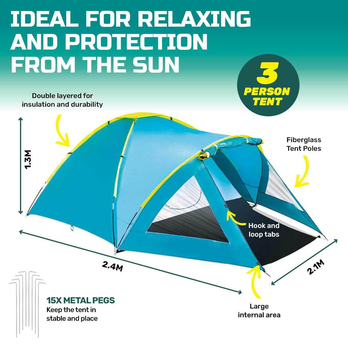 Tent 3-Person UV Protected Double Layered Carry Bag Pegs 2.4m