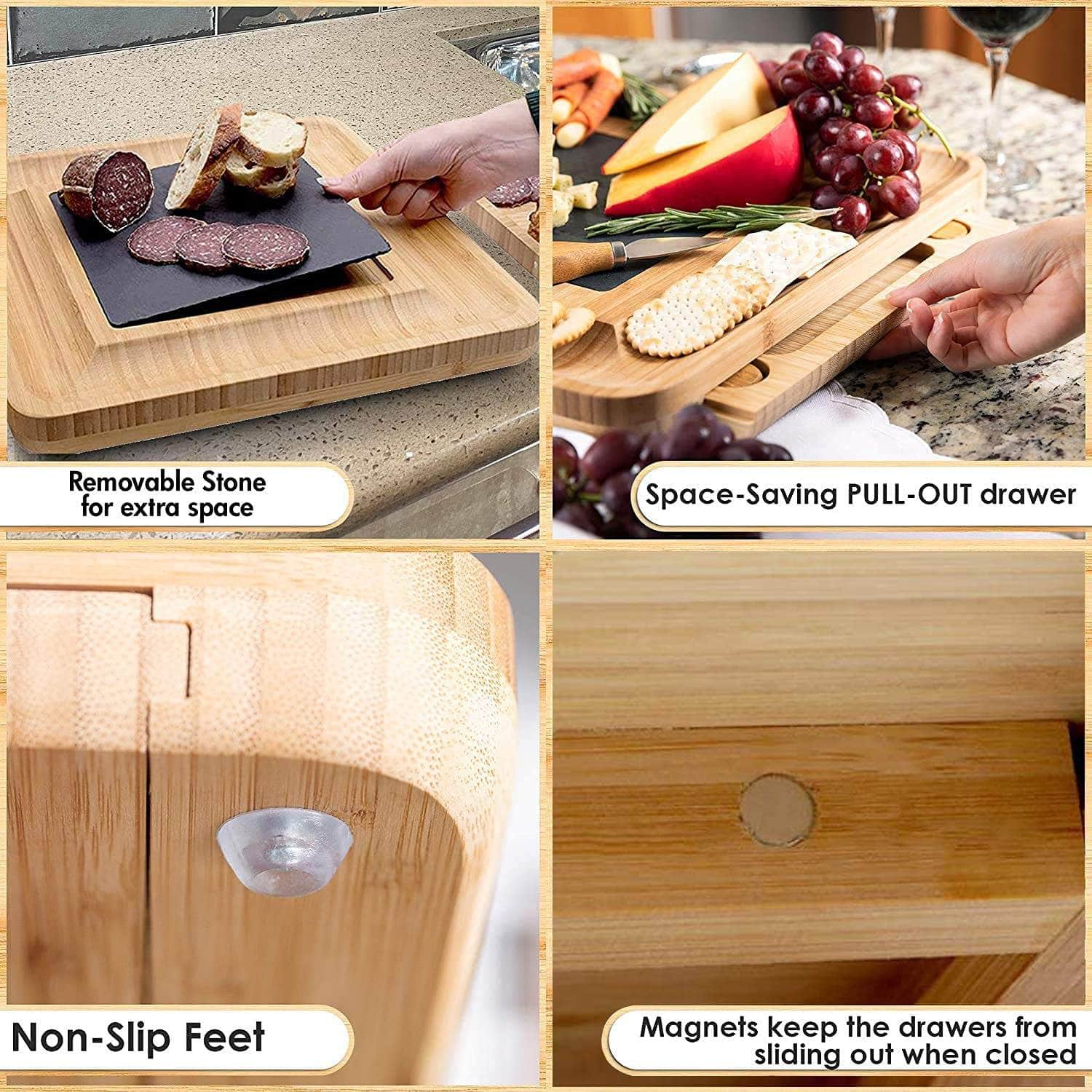Thick Wooden tray for Wine &Set with 4 Stainless Steel Knife