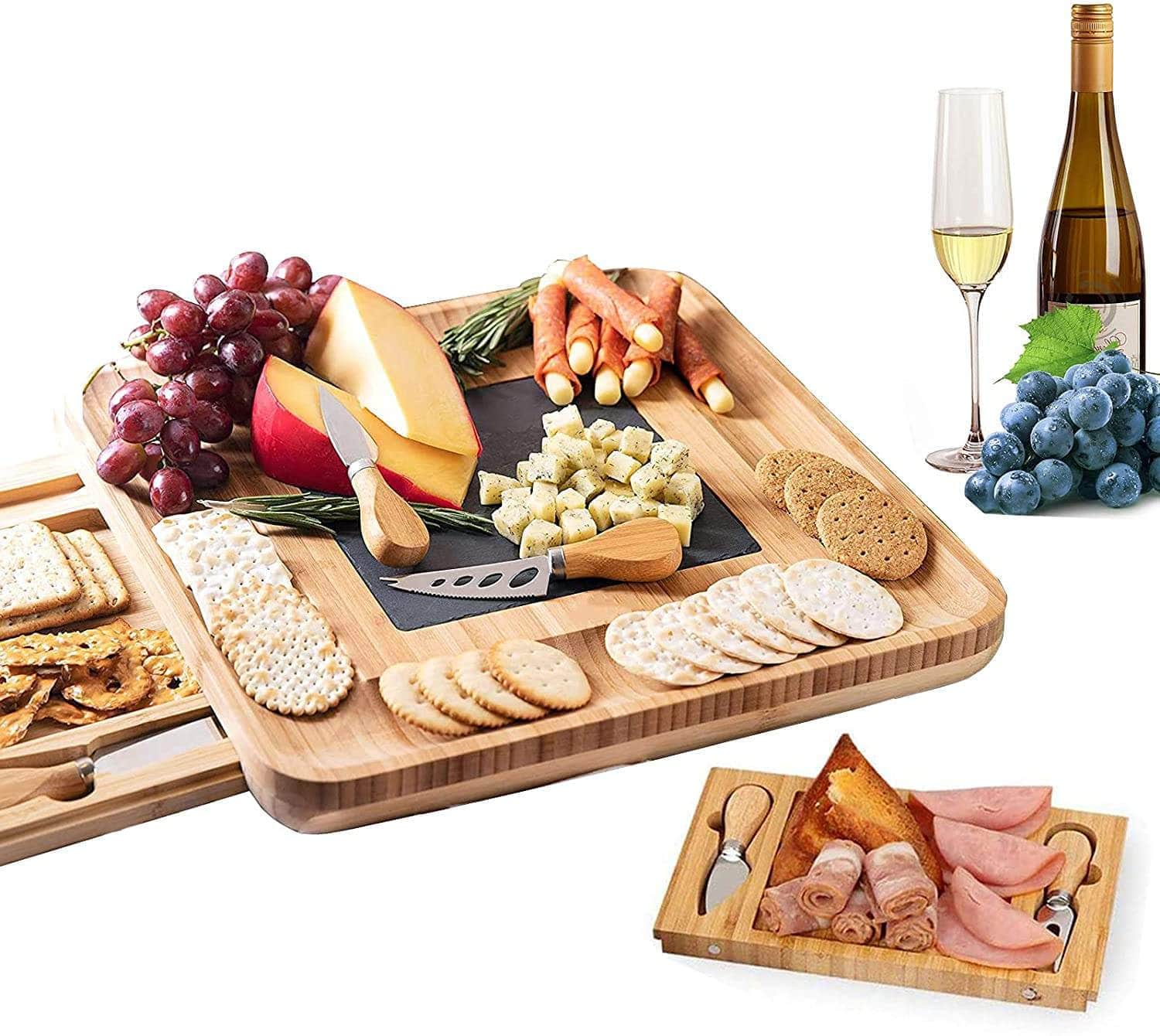 Thick Wooden tray for Wine &Set with 4 Stainless Steel Knife