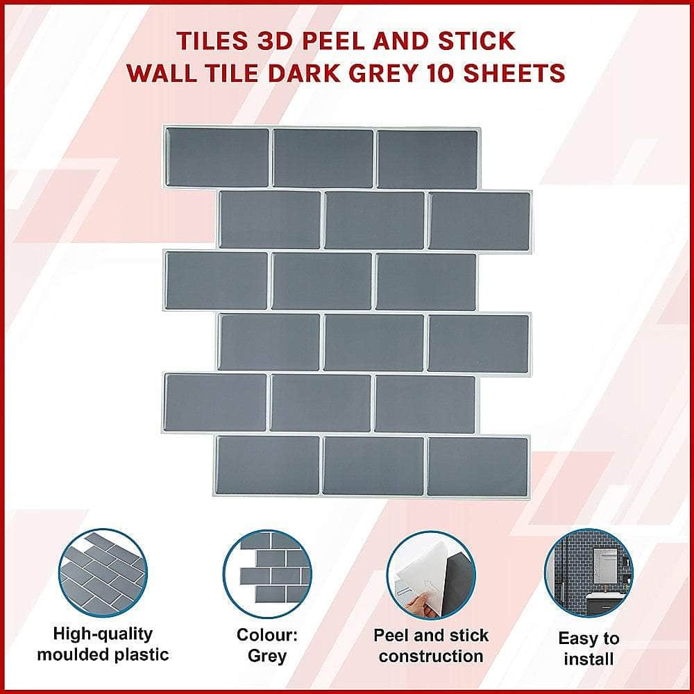 Tiles 3D Peel And Stick Wall Tile Dark Grey (30Cm X 30Cm X 10 Sheets)