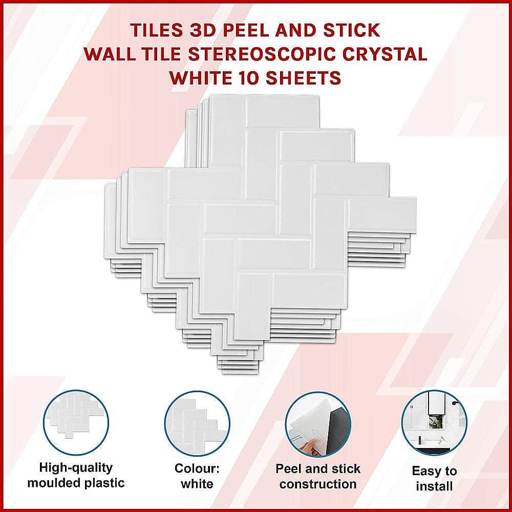 Tiles 3D Peel And Stick Wall Tile Herringbone White (30Cm X 30Cm X 10 Sheets)