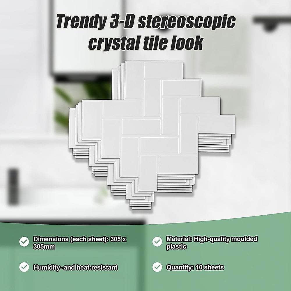 Tiles 3D Peel And Stick Wall Tile Herringbone White (30Cm X 30Cm X 10 Sheets)