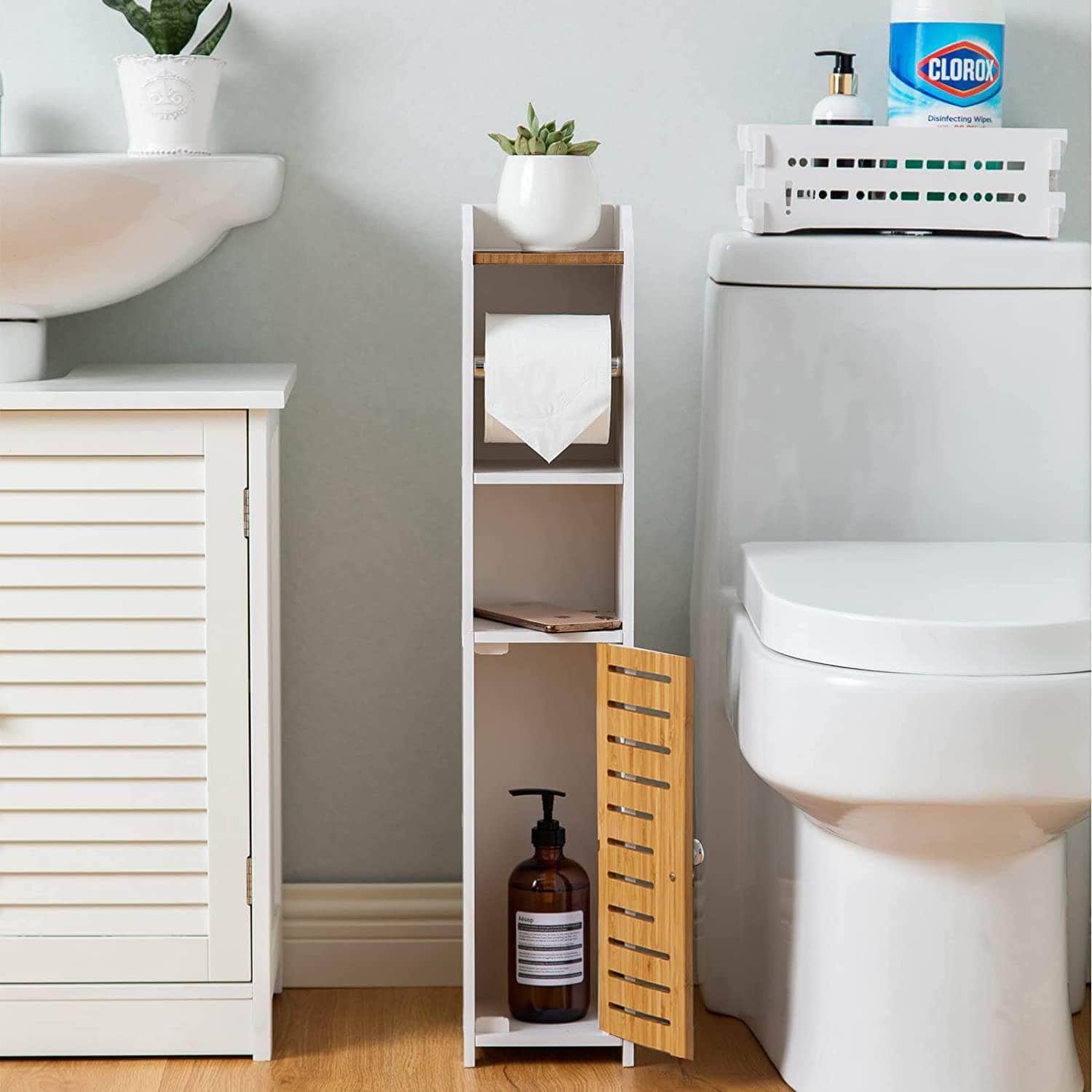 Toilet Paper Roll Holder for Bathroom with roller Bamboo, 76cm