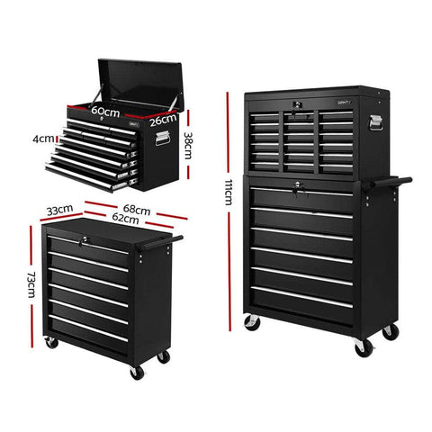 Tool Box Chest Trolley 16 Drawers Cabinet Cart Garage Toolbox Black