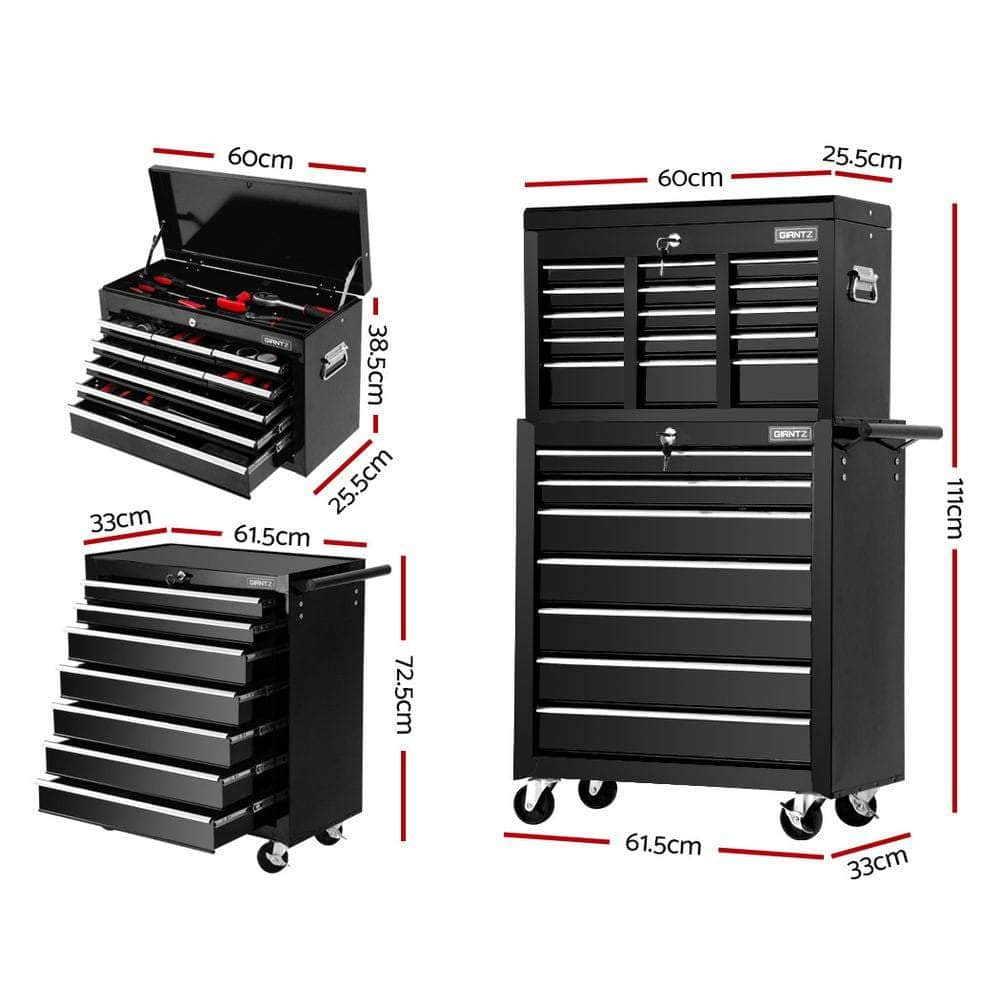 Tool Chest and Trolley Box Cabinet 16 Drawers Cart Garage Storage Black