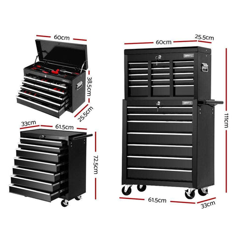 16 Drawer Tool Box Cabinet Chest Trolley Toolbox Garage Storage Black